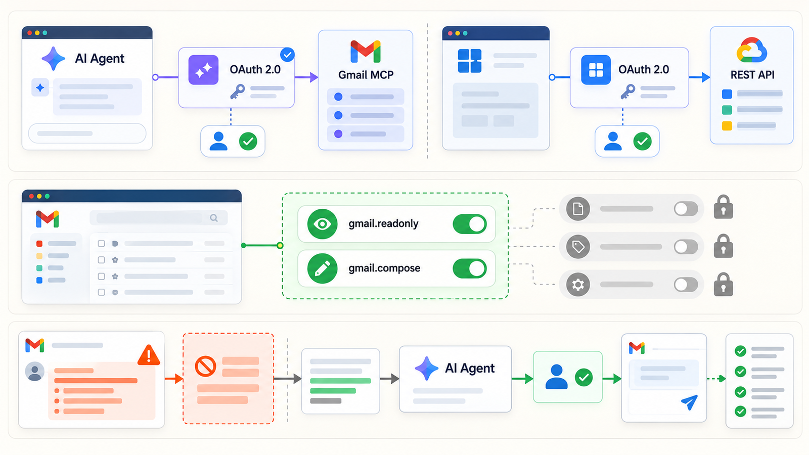 Sécurisation des agents IA Gmail : séparation des clients OAuth, permissions minimales et protection contre les injections de prompt.