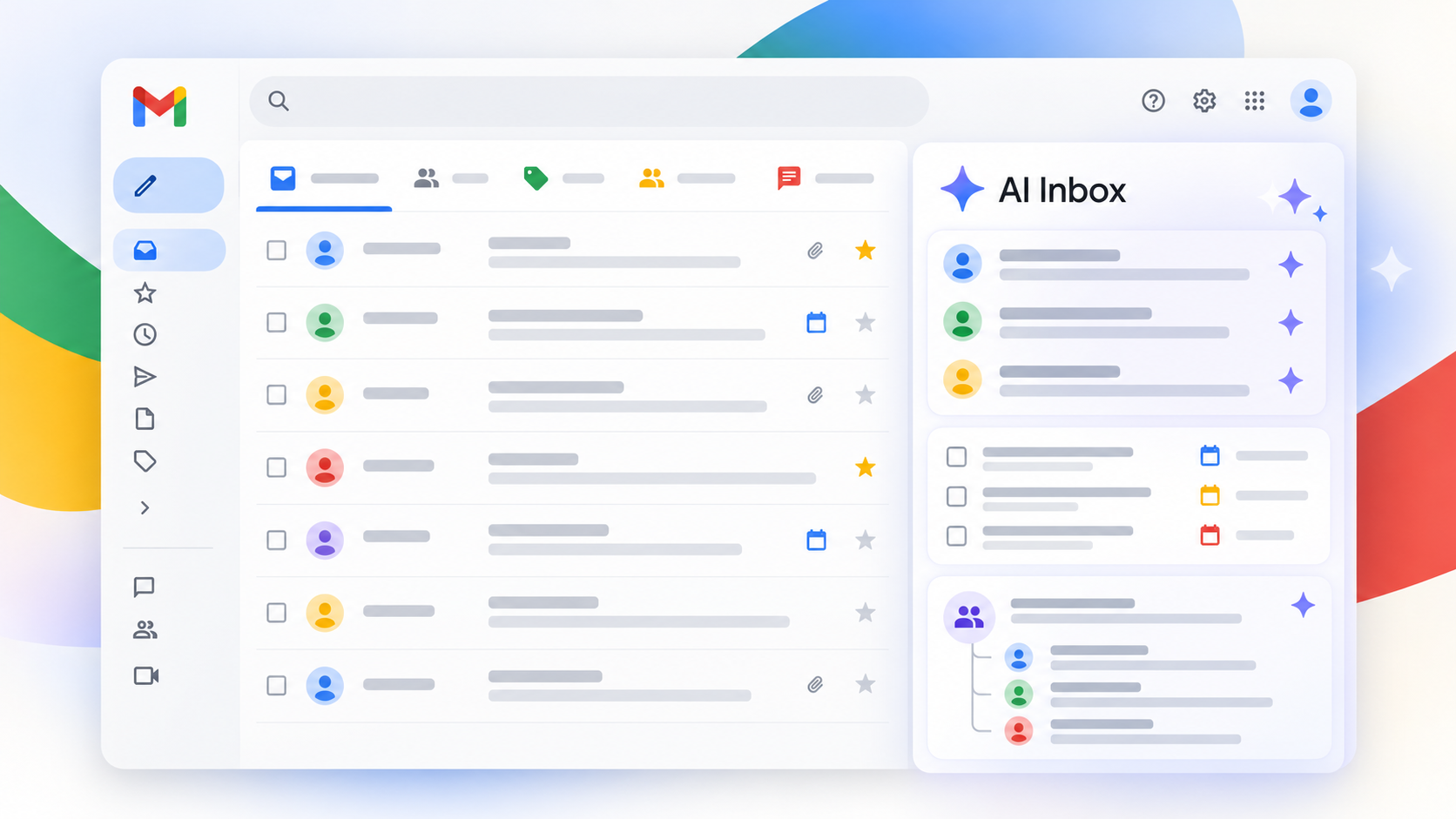 Interface illustrative Gmail AI Inbox montrant les actions prioritaires et les synthèses de conversations assistées par l'IA.