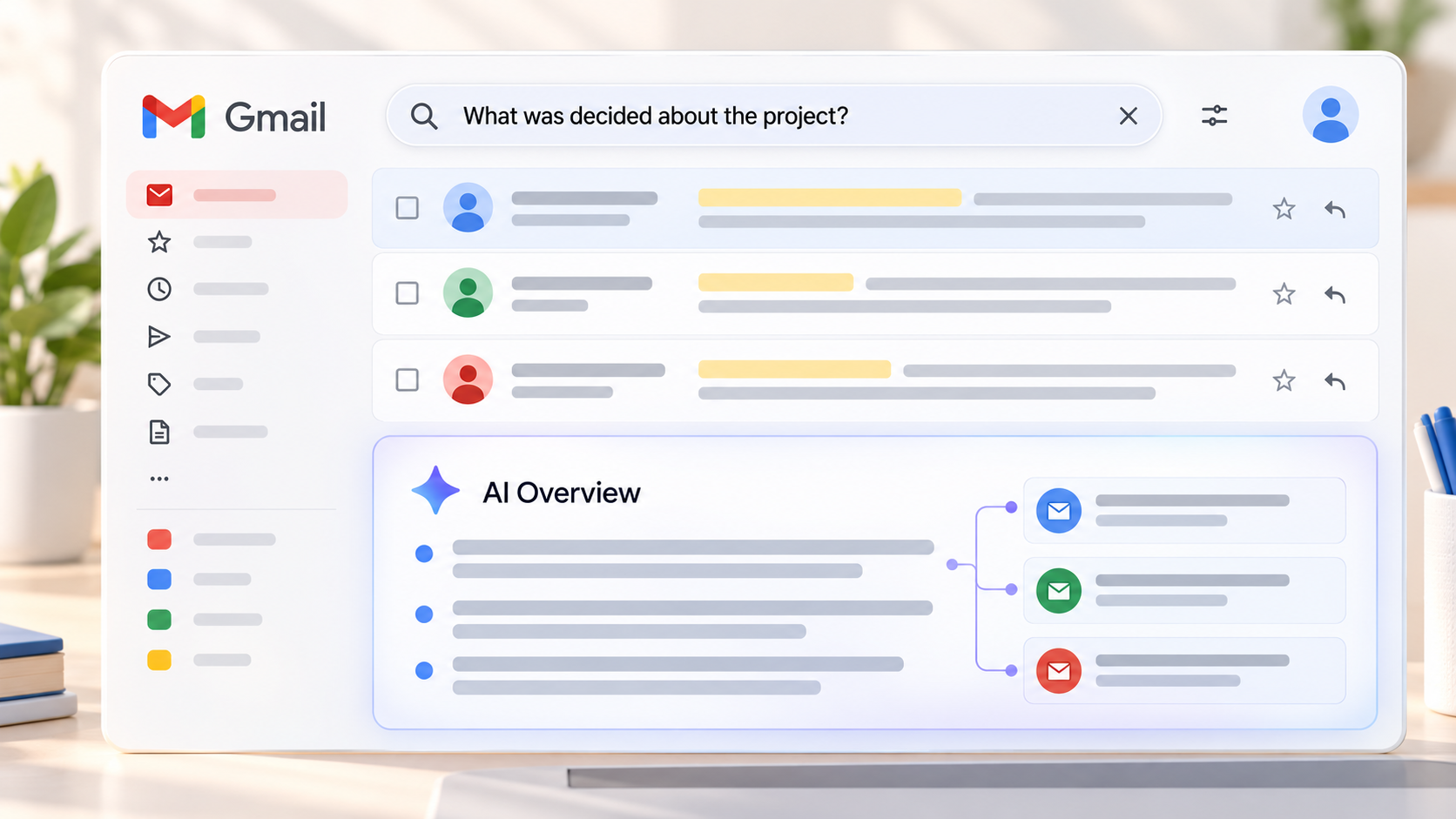 Illustrative Gmail Search interface showing AI Overviews generating an answer from multiple relevant business emails.